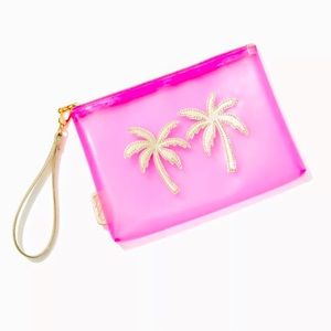 Lilly Pulitzer Jelly Pouch Pink Wristlet Gold Palm Trees Transparent Clutch NWT